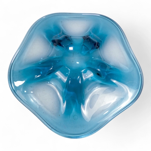 203 - A Monart style bowl - of blue and green glass, 25cm diameter, together with a pentagonal shaped blue... 