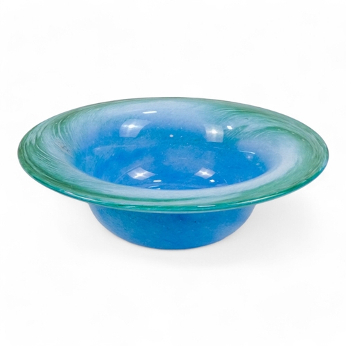 203 - A Monart style bowl - of blue and green glass, 25cm diameter, together with a pentagonal shaped blue... 