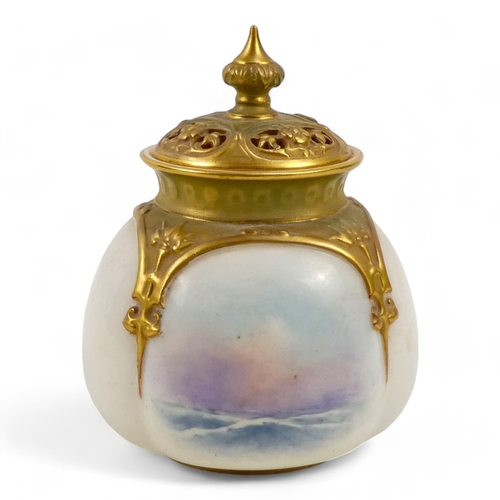 204 - A Royal Worcester potpourri - of squat lobed form and with a reticulated cover, decorated with a sai... 