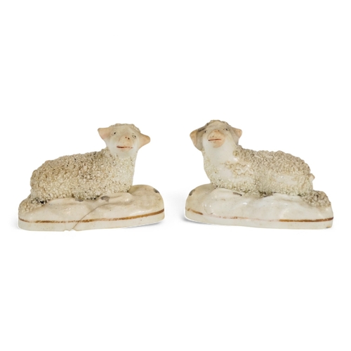 214 - A pair of mid 19th century Staffordshire sheep - moulded on oval bases with a gilt line, 8cm wide, t... 