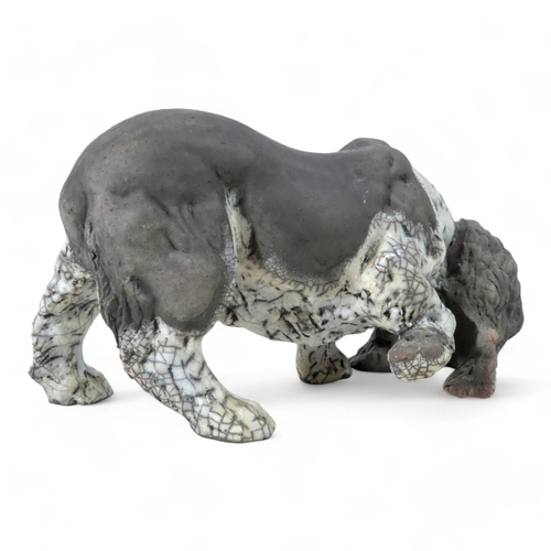 237 - Keza Rudge (British 20th/21st Century) - a spaniel picking up a scent, with raku glaze, signed to un... 