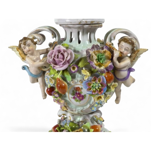 240 - A pair of Schierholz porcelain twin handled vases - each floral and fruit encrusted including a pier... 