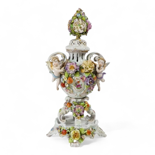 240 - A pair of Schierholz porcelain twin handled vases - each floral and fruit encrusted including a pier... 