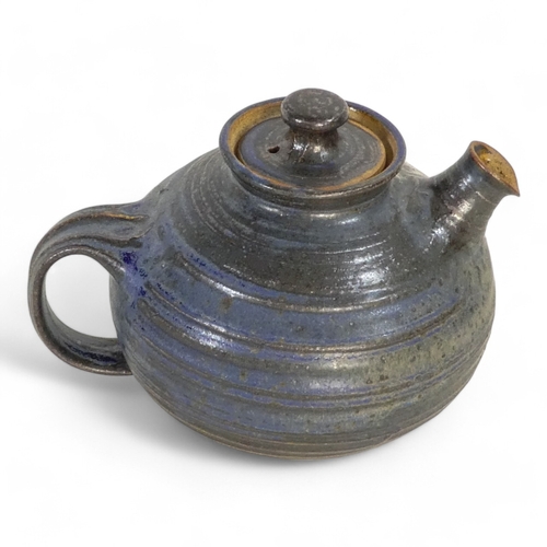 245 - Lotte Glob (Danish b.1944) pottery teapot - of ribbed form with a squat spout, signed to base, 20cm ... 