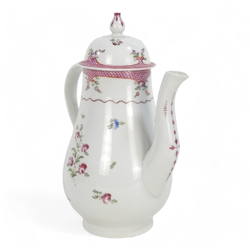 259 - A late 18th century coffee pot - probably Newhall, of baluster form and decorated with floral sprigs... 