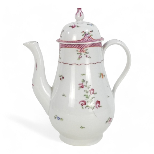 259 - A late 18th century coffee pot - probably Newhall, of baluster form and decorated with floral sprigs... 