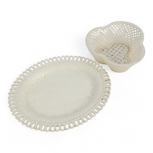 275 - A 19th century creamware ribbon plate - oval with a basket weave border, 21cm wide, together with a ... 