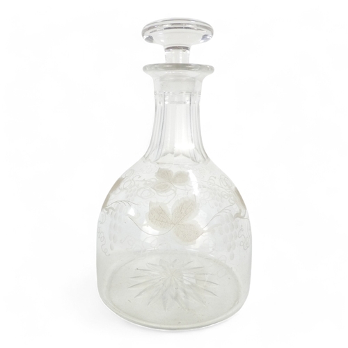 280 - A late 19th century clear glass decanter - cut and etched with trailing grape design, 24cm high, tog... 