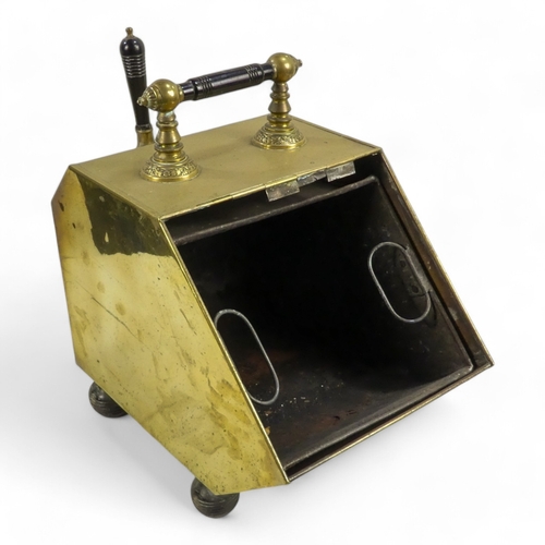 3 - An early 20th century brass coal scuttle - with sloping hinged cover, turned ebonised handle and a s... 