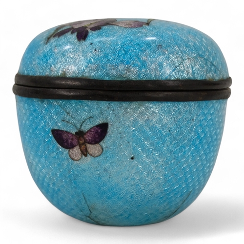 311 - A Japanese Ginbari cloisonne pot and cover - of circular form and decorated with irises on a light b... 