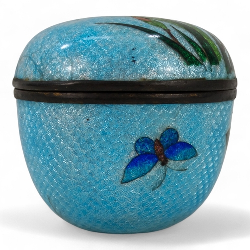 311 - A Japanese Ginbari cloisonne pot and cover - of circular form and decorated with irises on a light b... 