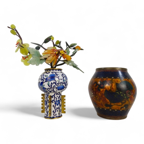 313A - A cloisonne vase set with hardstone flowers - 16cm high, together with a small cloisonne vase, a bro... 