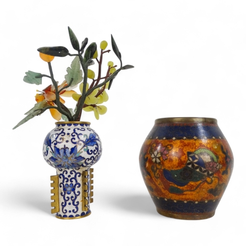 313A - A cloisonne vase set with hardstone flowers - 16cm high, together with a small cloisonne vase, a bro... 