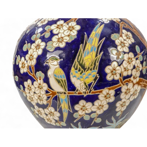 314 - A pair of 20th century Japanese globe shaped vases - decorated with exotic birds and cherry blossom ... 