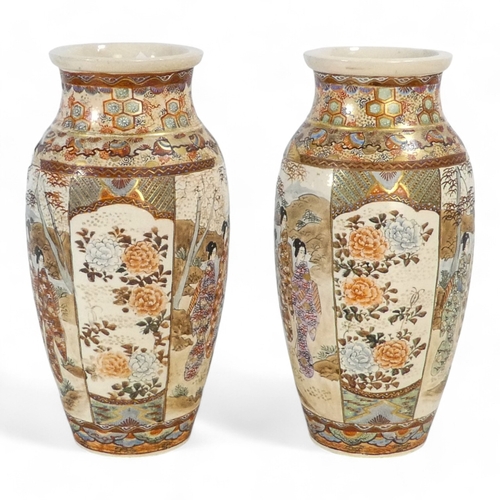 322 - A pair of late 19th century Satsuma vases - decorated in panels showing elegant ladies in a landscap... 