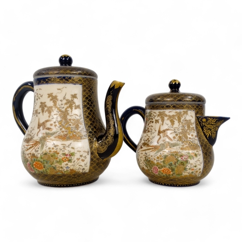 339 - An early 20th century Satsuma coffee pot - decorated with panels depicting a bamboo forest on a blue... 