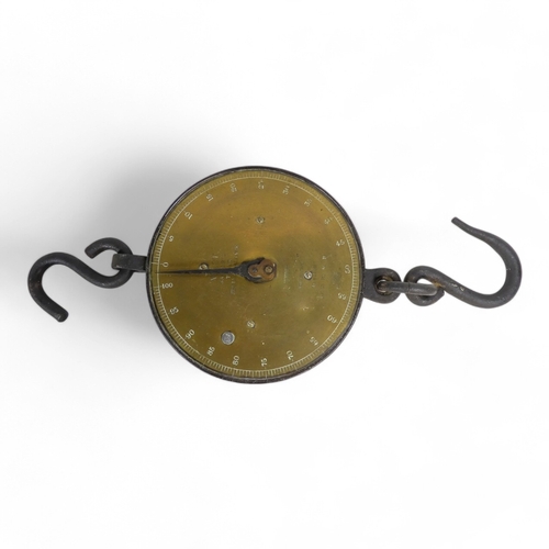 36 - A set of late 19th century Salter balance scales - iron hooks and fittings with a circular brass sca... 