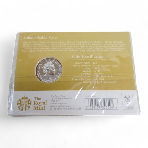 366 - The Royal Mint, The 90th Birthday of Her Majesty The Queen - 2016 £20 UK Fine Silver Coin.