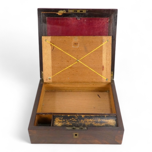 43 - A 19th century rosewood writing slope - with crossbanding, with a red leather writing surface, 26cm ... 