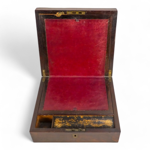 43 - A 19th century rosewood writing slope - with crossbanding, with a red leather writing surface, 26cm ... 