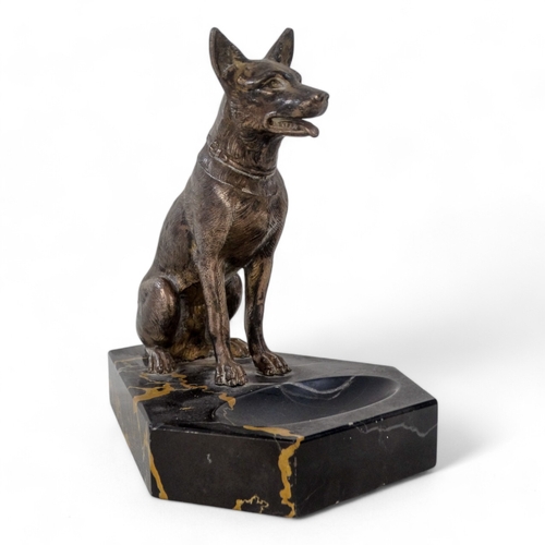 58 - A silver plated Alsatian on a black marble base - modelled as a pin tray, stamped PERRINA, height 15... 