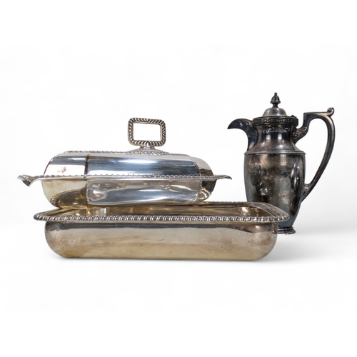 581 - A small quantity of silver plated ware - including an oval domed cloche, a hot water jug, an entree ... 