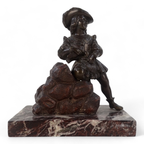 60 - A bronze modelled as a Dutch falconer - kneeling on a pile of rocks and mounted on a marble base, he... 