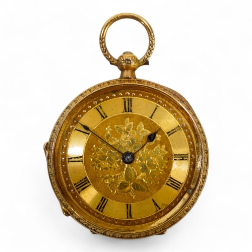 612 - An 18ct gold open face pocket watch - key wound with an engraved case, 3.7g.