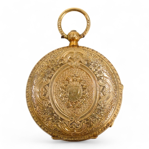 612 - An 18ct gold open face pocket watch - key wound with an engraved case, 3.7g.