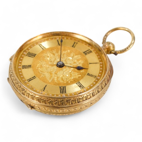 612 - An 18ct gold open face pocket watch - key wound with an engraved case, 3.7g.