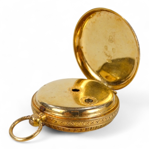 612 - An 18ct gold open face pocket watch - key wound with an engraved case, 3.7g.