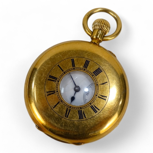 614 - An 18ct gold half hunter pocket watch - Chaplin & Sons, Aldersgate St., London, the white enamel dia... 