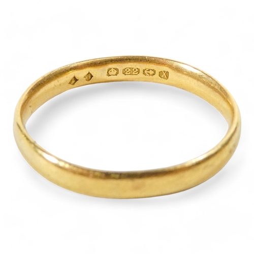 642 - A 22ct gold wedding band - size R, 4.2g, together with another size L, 2.6g.