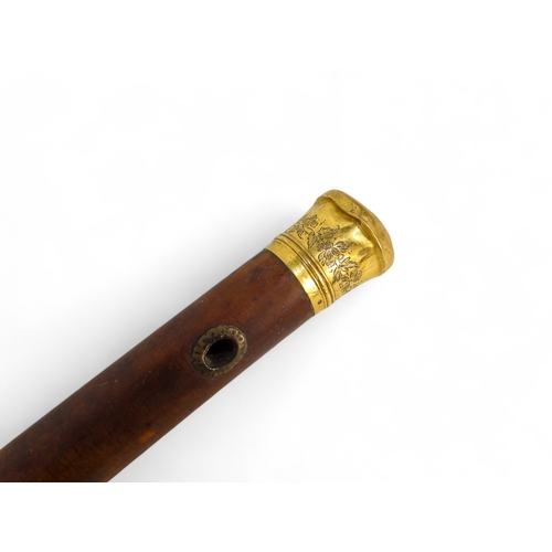 650 - A 19th century gold topped walking stick - with a Malacca shaft, the top engraved with initials and ... 