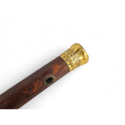 650 - A 19th century gold topped walking stick - with a Malacca shaft, the top engraved with initials and ... 