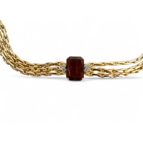 660 - Grosse for Dior, a yellow metal choker three strand necklace - set brown and white stones, length 36... 