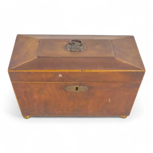 68 - A Georgian mahogany tea caddy - of sarcophagus form with a void interior, raised on ball feet, 26cm ... 