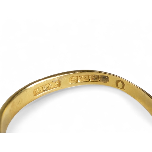 682 - A 22ct gold wedding band - size P (distorted), 2.4g.