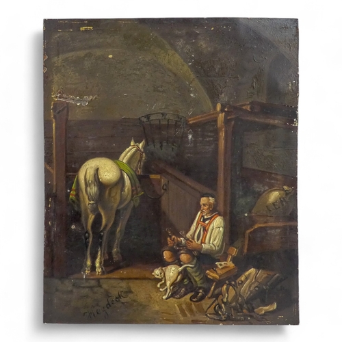 787 - Johannes HEYDECK Tyrolean Stable Interior Oil on tin Signed lower left Unframed 20 x 17cm