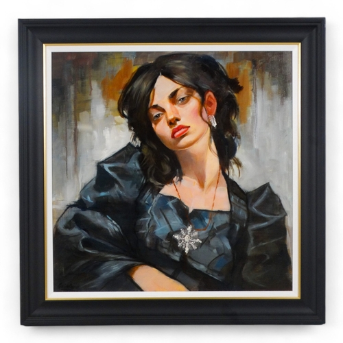 791 - David GAINFORD (British b. 1941) Woman in a Black Dress with  Diamond Brooch and Ear Clips  Oil on c... 