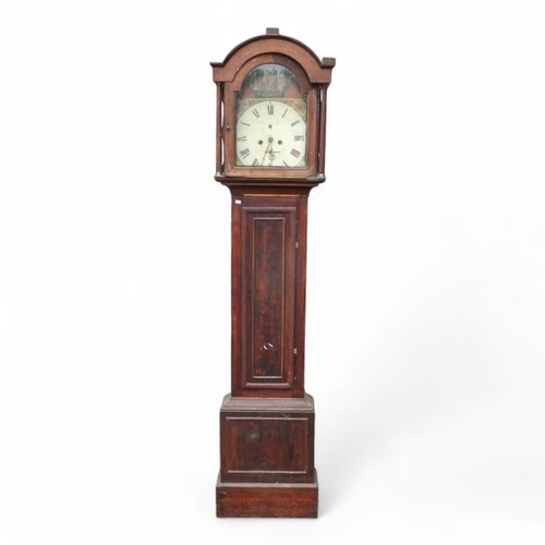 922 - An early 19th century oak longcase clock - the painted dial with floral spandrels and Italianate lan... 