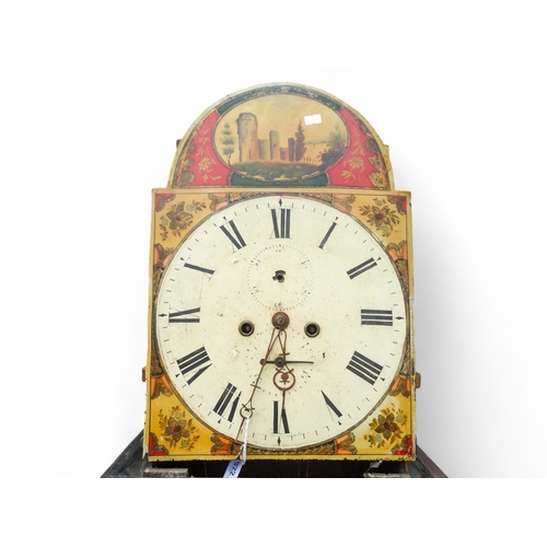 922 - An early 19th century oak longcase clock - the painted dial with floral spandrels and Italianate lan... 