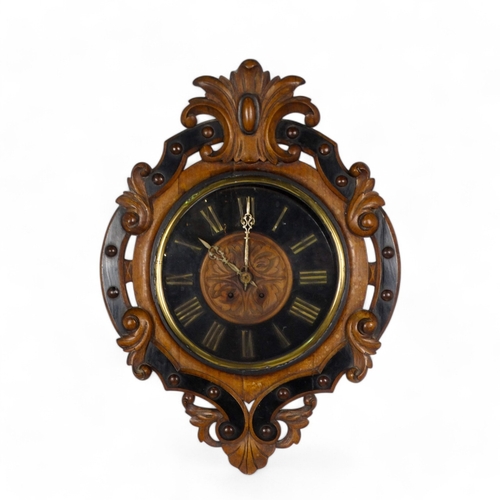 929 - A late 19th century walnut French vineyard clock - cartouche shaped with carved foliage, the carved ... 