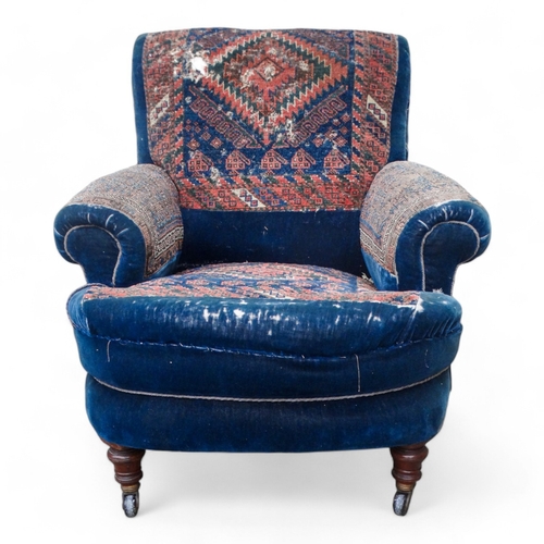 969 - A Victorian walnut and upholstered easy chair in the manner of Howard & Sons - blue velvet and Turki... 