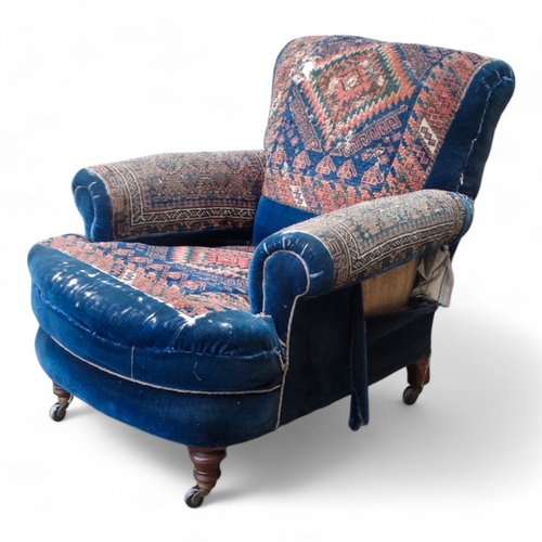 969 - A Victorian walnut and upholstered easy chair in the manner of Howard & Sons - blue velvet and Turki... 