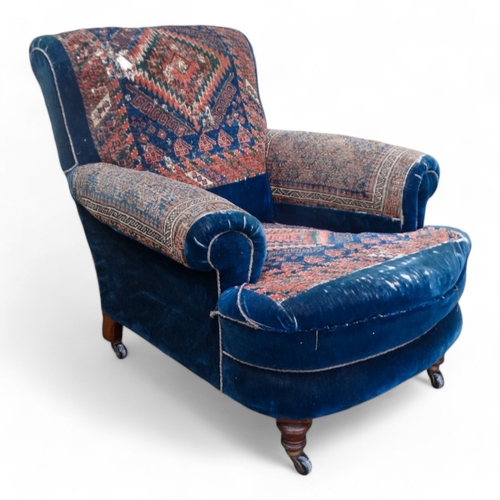 969 - A Victorian walnut and upholstered easy chair in the manner of Howard & Sons - blue velvet and Turki... 