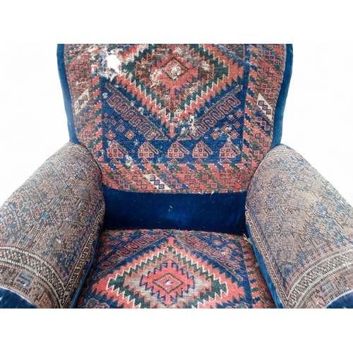 969 - A Victorian walnut and upholstered easy chair in the manner of Howard & Sons - blue velvet and Turki... 