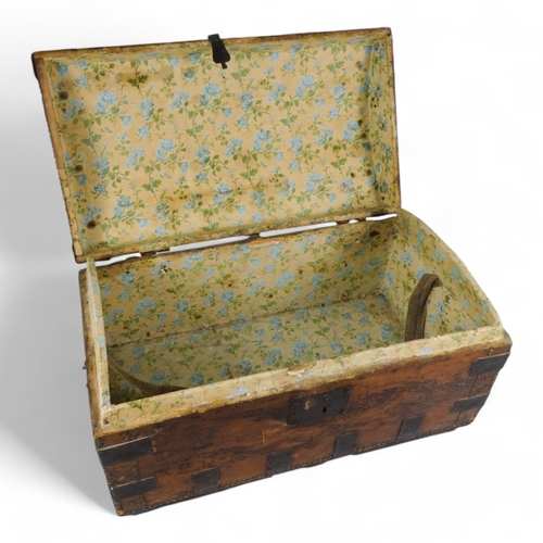 984 - A 19th century pine dome topped trunk - with steel binding, brass studs and drop handles, 89 x 50 x ... 