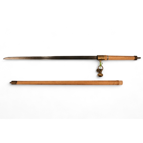 108 - A 19th century Asian sword - the double fullered single edged blade within a later hardwood scabbard... 