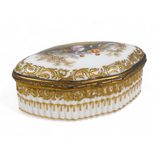 214 - A 19th century Meissen patch box - navette shaped with a ribbed body and a gilt metal interior, 9cm ... 